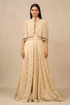 Buy_Tarun Tahiliani_Ivory Tulle Embroidery Sequin Mandarin Collar Stripe Cape _at_Aza_Fashions