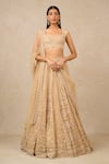 Buy_Tarun Tahiliani_Gold Tulle Embroidery Pearl Sweetheart Neck Floral Applique Bridal Lehenga Set _at_Aza_Fashions