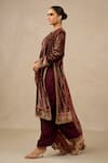 Buy_Tarun Tahiliani_Wine Kurta And Dhoti Pant Velvet Printed Floral Notched Set _Online_at_Aza_Fashions