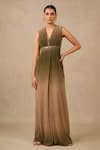 Buy_Tarun Tahiliani_Green Metallic Crinkle Embellished Jewel Plunge V Neck Ombre Panelled Jumpsuit _at_Aza_Fashions