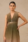 Tarun Tahiliani_Green Metallic Crinkle Embellished Jewel Plunge V Neck Ombre Panelled Jumpsuit _Online_at_Aza_Fashions