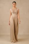 Buy_Tarun Tahiliani_Beige Metallic Crinkle Embroidery Sequin Boat Neck Bodice Jumpsuit _at_Aza_Fashions