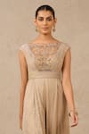 Tarun Tahiliani_Beige Metallic Crinkle Embroidery Sequin Boat Neck Bodice Jumpsuit _Online_at_Aza_Fashions