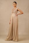 Buy_Tarun Tahiliani_Beige Metallic Crinkle Embroidery Sequin Boat Neck Bodice Jumpsuit _Online_at_Aza_Fashions