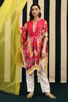 Buy_Swati Vijaivargie_Pink Silk Embroidery Rasika Petunia Garden Print Kaftan With Pant  _at_Aza_Fashions