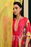 Swati Vijaivargie_Pink Silk Embroidery Rasika Petunia Garden Print Kaftan With Pant  _at_Aza_Fashions