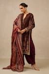 Buy_Tarun Tahiliani_Wine Kurta And Dhoti Pant Velvet Printed Floral Notched Set _at_Aza_Fashions