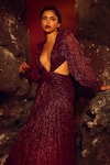 Buy_Nirmooha_Purple Platinoir (metallic) Plunge V Draped Gown _at_Aza_Fashions