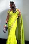 Nirmooha_Green Lurex Embroidery Floral Leaf Neck Border Pre-draped Saree With Blouse _at_Aza_Fashions