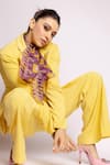 Buy_Nirmooha_Yellow Micro Embroidery Cording Notched Lapel Detail Blazer 