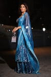 Nirmooha_Blue Lurex Print Sequins Sweetheart Neck Pre-draped Ruffle Hem Saree With Blouse _Online