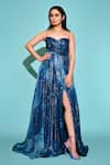 Nirmooha_Blue Lurex Printed Abstract Sweetheart Neck Draped Gown _at_Aza_Fashions