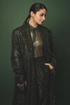 Buy_Nirmooha_Green Lurex Spread Collar Woven Stripe Pattern Sheer Shirt _Online_at_Aza_Fashions