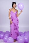 Nirmooha_Purple Micro Embroidery Floral Plunge V Slit Dress _at_Aza_Fashions