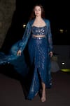 Shop_Nirmooha_Blue Lurex Hand Embroidery Blotch Bralette Square Print Cape And Draped Skirt Set _Online_at_Aza_Fashions