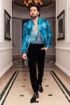 Buy_Nirmooha_Blue Velvet Stripe Bomber Jacket _at_Aza_Fashions