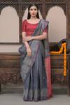 Buy_Dusala_Grey Spandex Sarvavidya Geometric Handwoven Saree With Running Blouse_at_Aza_Fashions