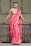Buy_Dusala_Pink Spandex Embroidery Trinetra Peacock Border Woven Saree With Running Blouse_at_Aza_Fashions