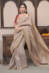 Buy_Dusala_Grey Tussar Embroidery Satta Floral Jaal Woven Saree With Running Blouse_at_Aza_Fashions