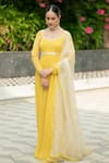 Esha Koul_Yellow Georgette Embroidered Thread Round Anarkali With Dupatta _Online_at_Aza_Fashions