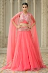 Buy_Esha Koul_Pink Semi Crepe Embroidered Mirror V Neck Cape Lehenga Set _at_Aza_Fashions