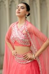 Shop_Esha Koul_Pink Semi Crepe Embroidered Mirror V Neck Cape Lehenga Set _at_Aza_Fashions