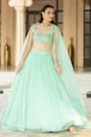 Buy_Esha Koul_Blue Semi Crepe Embroidered Mirror Square Neck Cape Lehenga Set _at_Aza_Fashions