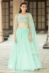 Esha Koul_Blue Semi Crepe Embroidered Mirror Square Neck Cape Lehenga Set _Online_at_Aza_Fashions