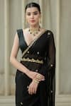 Buy_Esha Koul_Black Semi Crepe Embroidered Mirror Deep Pre-draped Saree With Blouse _Online_at_Aza_Fashions