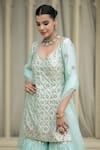 Esha Koul_Blue Chanderi Embroidered Mirror Leaf Neck Peplum Kurta Sharara Set _at_Aza_Fashions