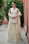 Buy_Esha Koul_Off White Semi Crepe Embroidered Mirror Blunt V Neck Kurta Lehenga Set _at_Aza_Fashions