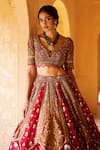 Roqa_Red Net Embroidery Pearl Plunging V Neck Azara Royal Garden Bridal Lehenga Set _at_Aza_Fashions