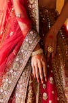 Buy_Roqa_Red Net Embroidery Pearl Plunging V Neck Azara Royal Garden Bridal Lehenga Set 