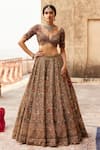 Shop_Roqa_Gold Lehenga And Blouse Raw Silk Dahlia Petunia Garden Bridal Set  _Online_at_Aza_Fashions