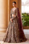 Buy_Roqa_Maroon Embroidery Kasab V Neck Rohira Resham Bridal Lehenga Set _at_Aza_Fashions