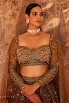 Roqa_Brown Silk, Net Sequins, Zari Shafaqat Embroidered Bridal Lehenga Set _Online_at_Aza_Fashions