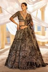 Buy_Roqa_Black Embroidery Thread Plunge V Neck Zeeana Hand Bridal Lehenga Set _at_Aza_Fashions