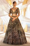 Roqa_Black Embroidery Thread Plunge V Neck Zeeana Hand Bridal Lehenga Set _Online_at_Aza_Fashions