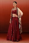 Swati Vijaivargie_Maroon Bemberg Modal Satin Sarang Floral Jungle Cape Lehenga Set _at_Aza_Fashions