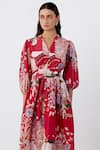 Ridhi Mehra_Red Chanderi Print Cockscomb V Raizel Blossom Dress _Online_at_Aza_Fashions
