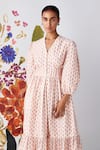 Ridhi Mehra_Ivory Chanderi Print Poppy V Sireli Blossom Dress _Online_at_Aza_Fashions