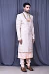 Buy_Aryavir Malhotra_Peach Satin Silk Embroidered Floral Thread And Sherwani Set 