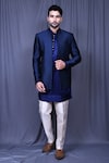 Buy_Aryavir Malhotra_Blue Sherwani Jacquard And Art Silk Embroidered Floral & Thread Set_at_Aza_Fashions