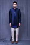 Shop_Aryavir Malhotra_Blue Sherwani Jacquard And Art Silk Embroidered Floral & Thread Set_Online_at_Aza_Fashions