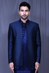 Aryavir Malhotra_Blue Sherwani Jacquard And Art Silk Embroidered Floral & Thread Set _at_Aza_Fashions