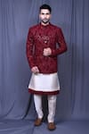 Buy_Aryavir Malhotra_Maroon Banglori Silk Embroidered Floral Thread And Sherwani Set_at_Aza_Fashions