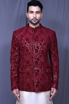 Aryavir Malhotra_Maroon Banglori Silk Embroidered Floral Thread And Sherwani Set_at_Aza_Fashions