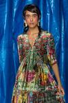 Buy_DOH TAK KEH_Green Velvet Printed Botanical V Neck Phool Patte Dress  _Online_at_Aza_Fashions