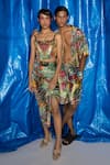Buy_DOH TAK KEH_Green Velvet Printed Flower Phool Patte Ruched Skirt _Online_at_Aza_Fashions