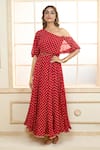 Buy_Aariyana Couture_Red Chiffon Embroidered Polka Dot One Shoulder Zari Dress _at_Aza_Fashions